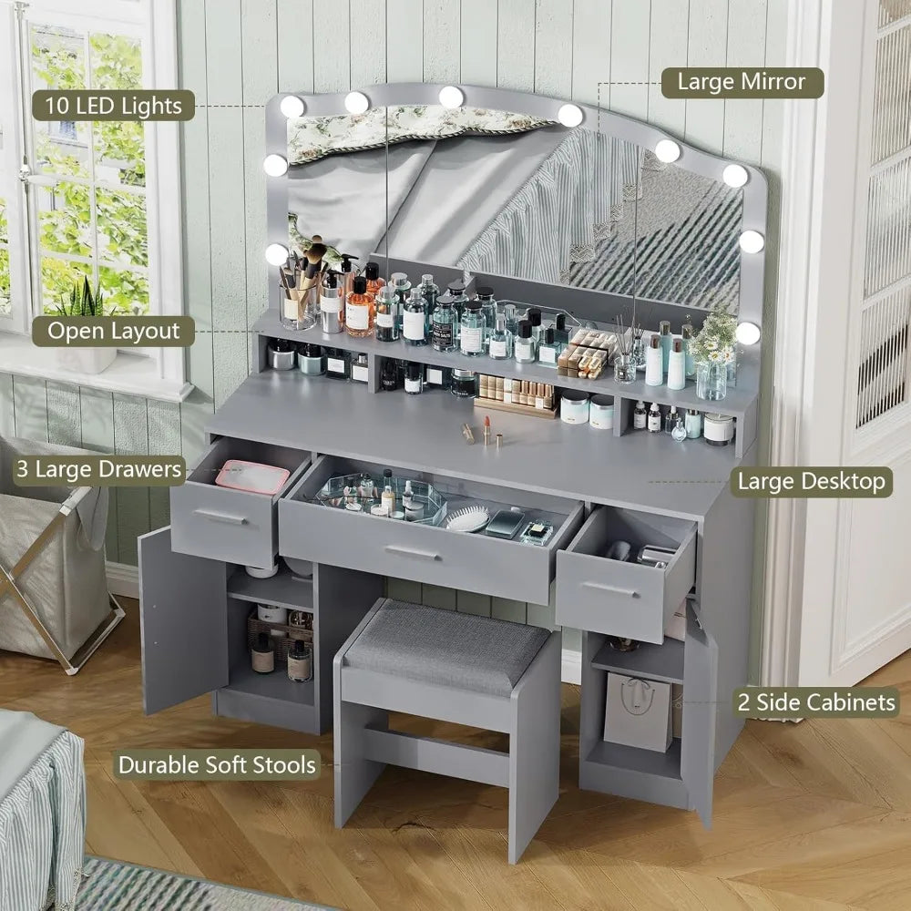 Large Vanity with Mirror and Light,Gray Dressing Table Set with 3 Drawers, 2 Cabinets and 10 LED Bulbs Dresser with Stool for W