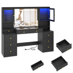 61.7" Large Vanity Desk with Mirror and Lights, Makeup Vanity with Charging Station, Sliding Drawers, 2 Cabinets with Glass Door