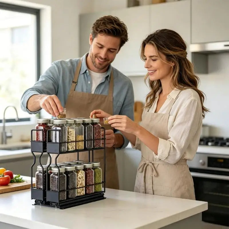 Two Kitchen Seasoning Holder With 2 Level Storage Space Durable Carbon Steel Structure For Cabinets And Pantries B03E