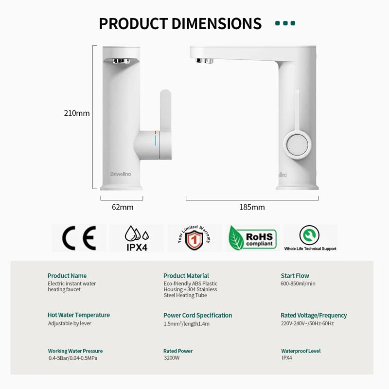 Briwellna Water Heater 220V 2 in 1 Basin Faucet Cold and Hot Water Tap Tankless Water Heater Flowing Eectric Faucet Heated Mixer