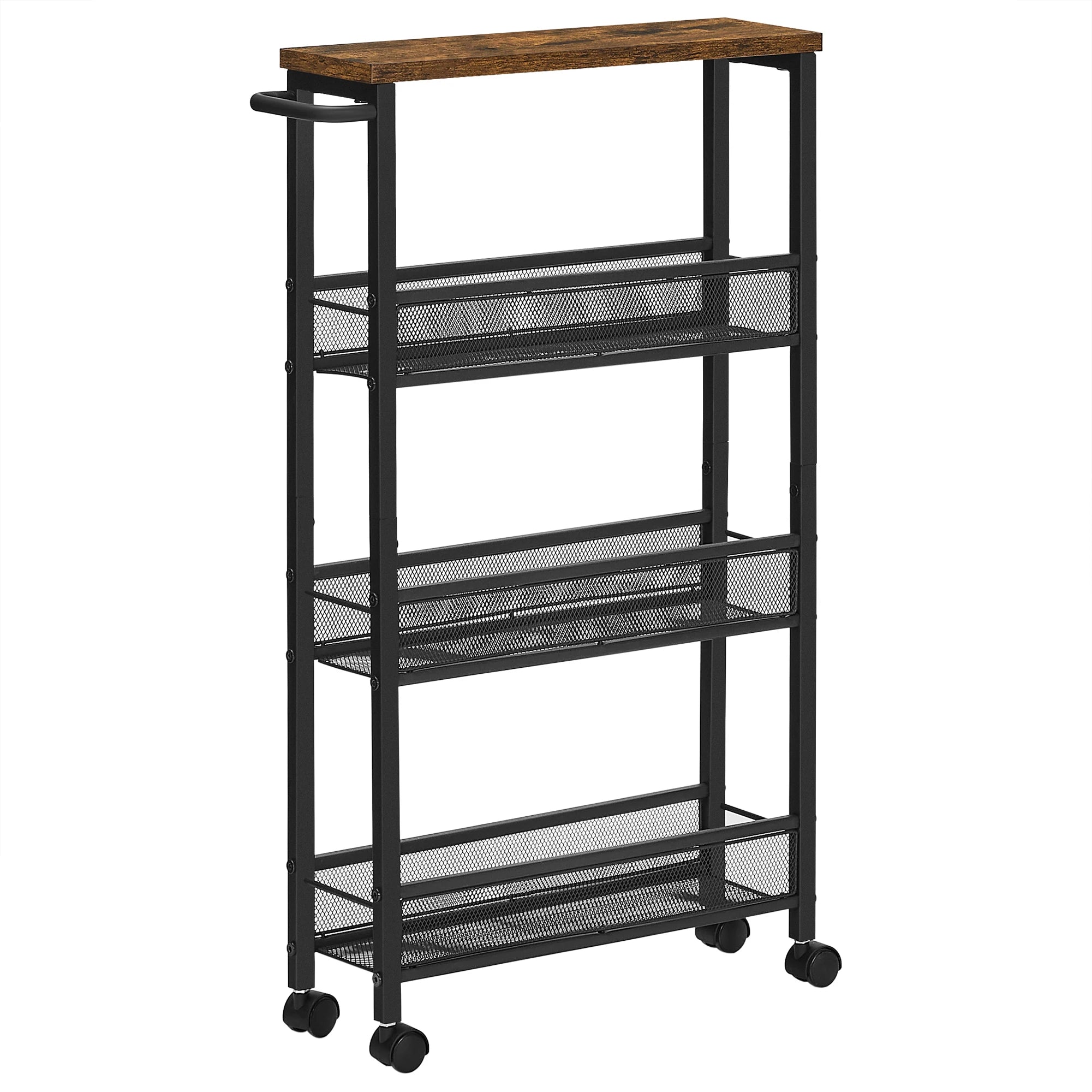VASAGLE 4-Shelf Trolley, Space-Saving Kitchen Cart with Wheels, Steel Frame, Handle, Trolley for Small Spaces, Kitchen Bathroom