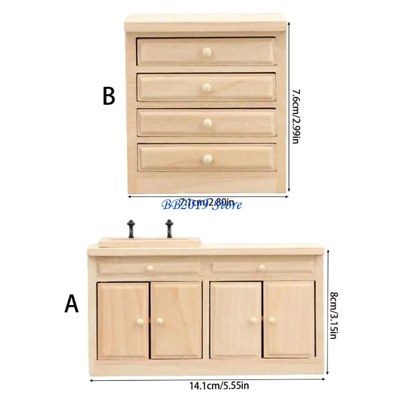 Q0KB Miniature Wooden Kitchen Sink Cabinet 1/12 Dollhouses Craft Project Scene Decors