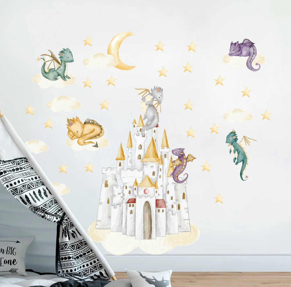 Watercolor Dragon Castle Cloud Star Wall Sticker Baby Nursery Cartoon Moon Anime Animal Wall Decal Playroom Bedroom Decor