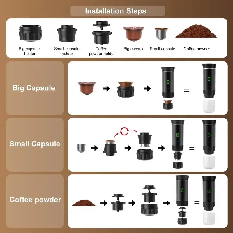 3 in 1 Electric Travel Espresso Machine Heating Water Portable Coffee Maker Compatible with Ground Coffee Small Large Capsules