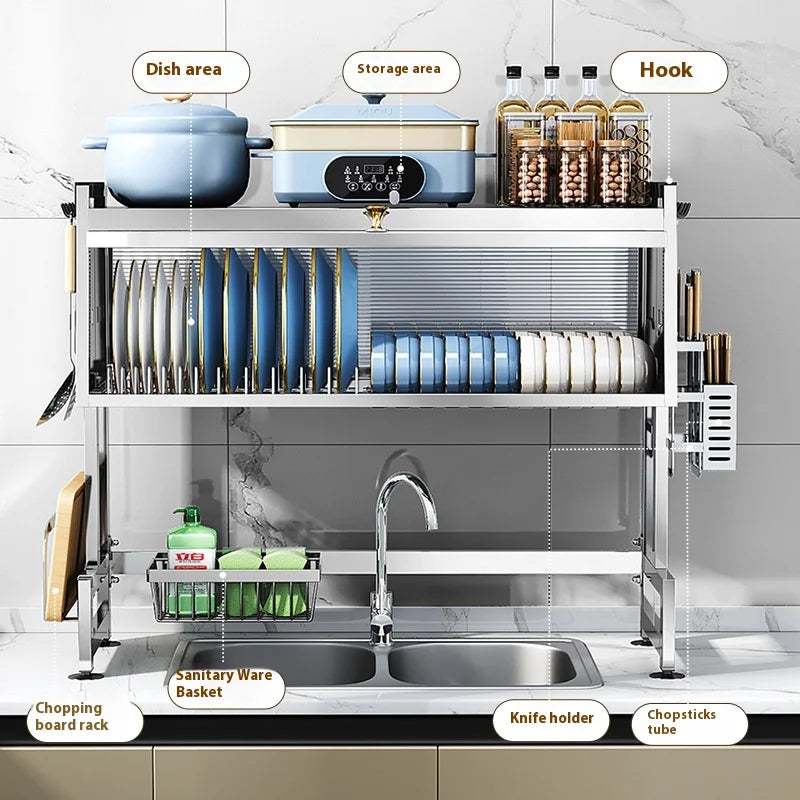 Multifunctional Stainless Steel Kitchen Sink Rack Double Dust-proof Table Top Dishes Storage Cabinet Household Drain Rack Tool