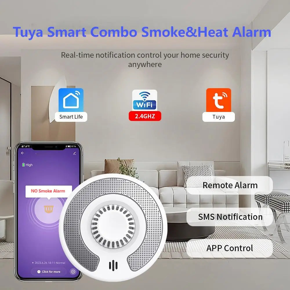 Combo Smoke&Heat Detector with Tuya App control/2.4GHz, 2 in 1 Dual Sensor Fire Alarm with10 years sealed battery, CE, VSH03W