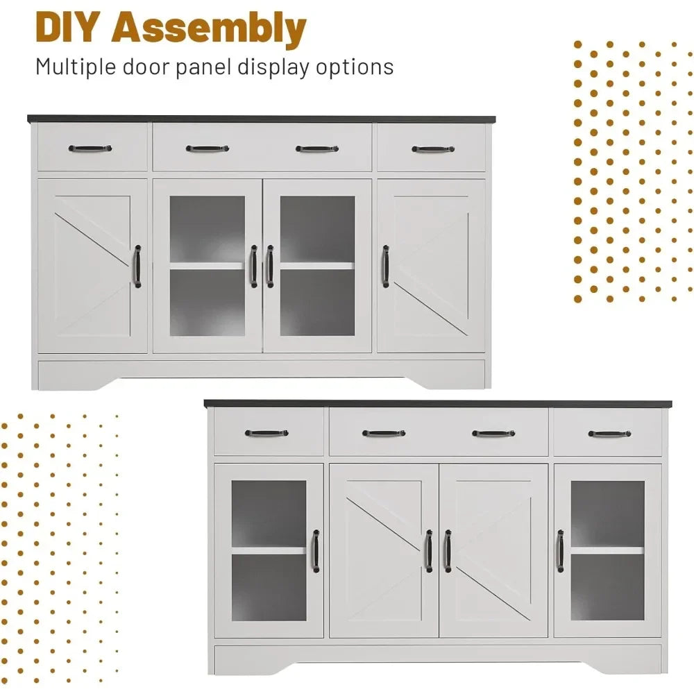 Sideboard Buffet Cabinet with Storage, 55" Kitchen Coffee Bar Cabinet with 3 Drawers & Glass Doors, Farmhouse Sideboard Buffet