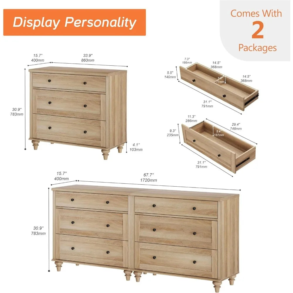 Dresser for Bedroom with 6 Drawers, Oak Kids Dressers with Wide Chest of Drawers, Mid Century Modern Wooden Closet Storage Orga