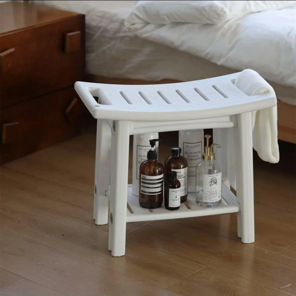 Non-Slip Shower Stool, Mold-Resistant Storage Seat, Double-Decker Bath Bench with Organizer, Mobile Entryway Changing Bench