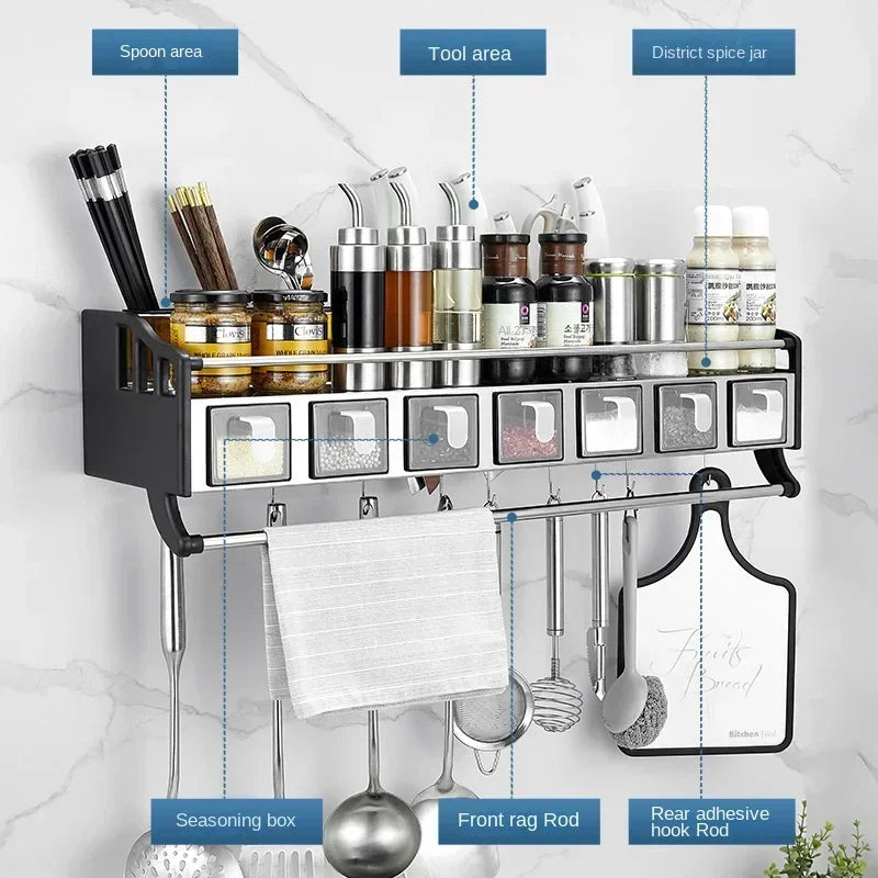 Stainless Steel Kitchen Utensils Holder, Wall-Mounted Spice Rack, Moisture-Proof Storage Shelves, Multiple Grid Partitions
