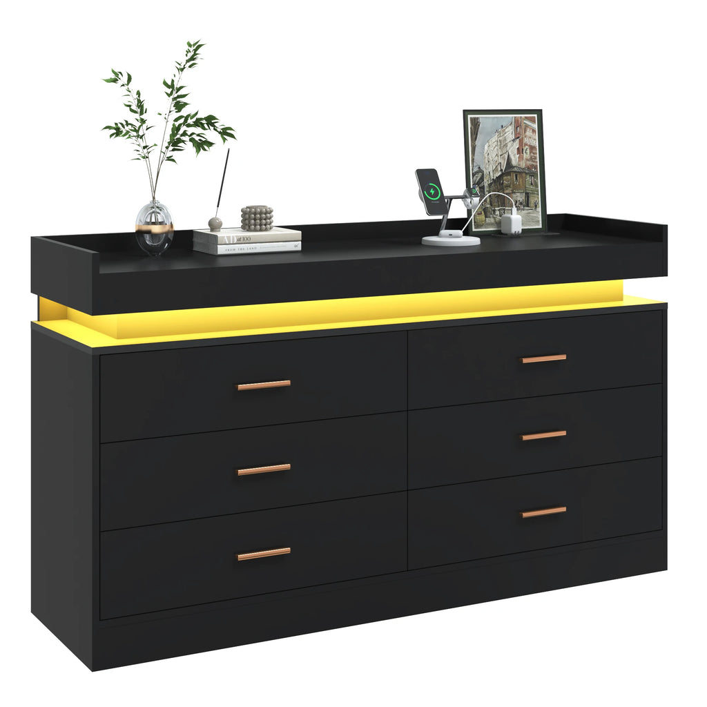 6 Drawer Dresser with LED Light and Charging Station, Modern Chest of Drawers for Closet, Wide Drawer Organizer Cabinet