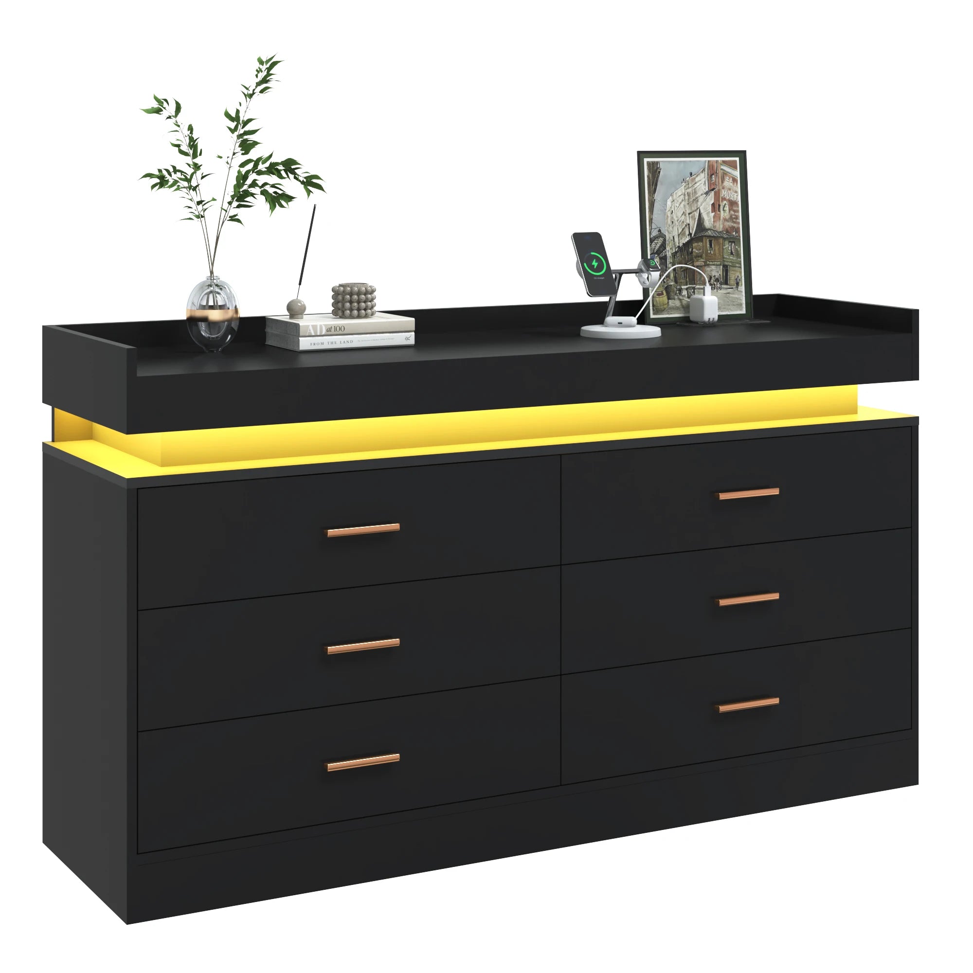6 Drawer Dresser with LED Light and Charging Station, Modern Chest of Drawers for Closet, Wide Drawer Organizer Cabinet
