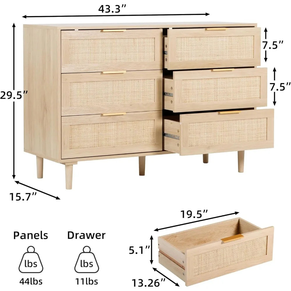 Rattan Dresser for Bedroom,Modern 6 Drawer Double Dresser with Gold Handles,Wood Storage Chest of Drawers fo Bedroom,Living Room