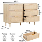 Rattan Dresser for Bedroom,Modern 6 Drawer Double Dresser with Gold Handles,Wood Storage Chest of Drawers fo Bedroom,Living Room