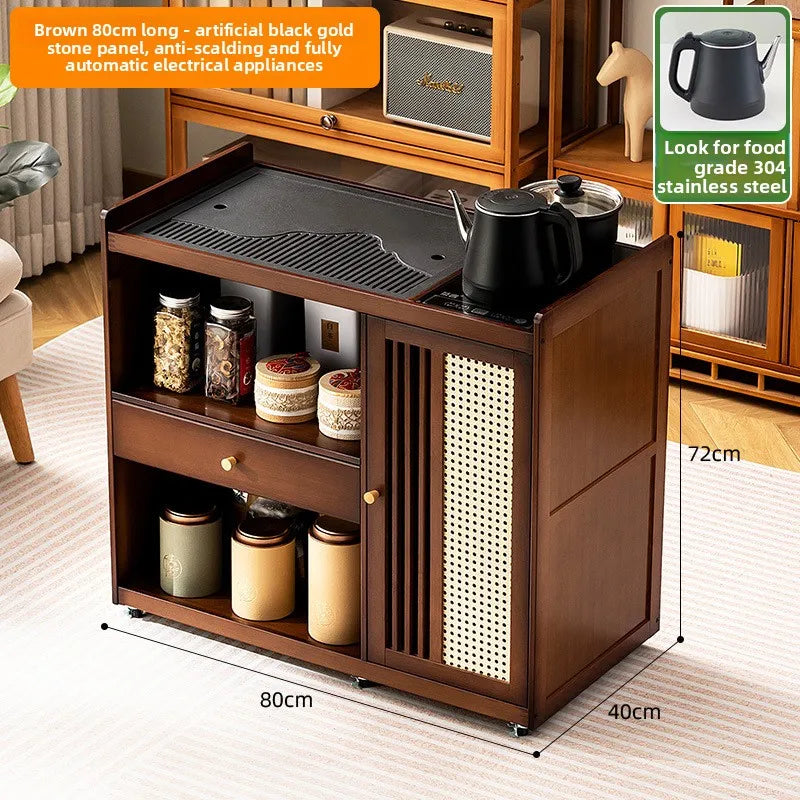 Mobile tea table Small tea table Kettle integrated tea cabinet Solid wood coffee table Tea cart Brewing tea table