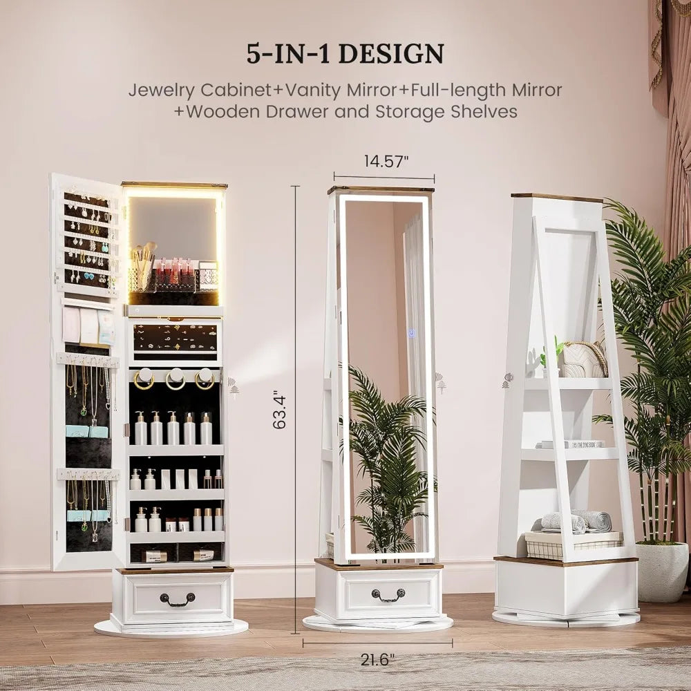 LED Mirror Jewelry Cabinet Standing - 360°Swivel Jewelry Armoire with Full Length Mirror, Mirror with Jewelry Storage and Large