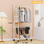 Movable Double Rod Clothes Rack Wheels Heavy Duty Coat Shelf with Bedroom Floor Hangers Organizer Home Shoe Hat Storage Racks