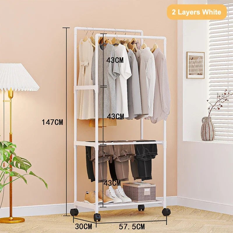 Movable Double Rod Clothes Rack Wheels Heavy Duty Coat Shelf with Bedroom Floor Hangers Organizer Home Shoe Hat Storage Racks