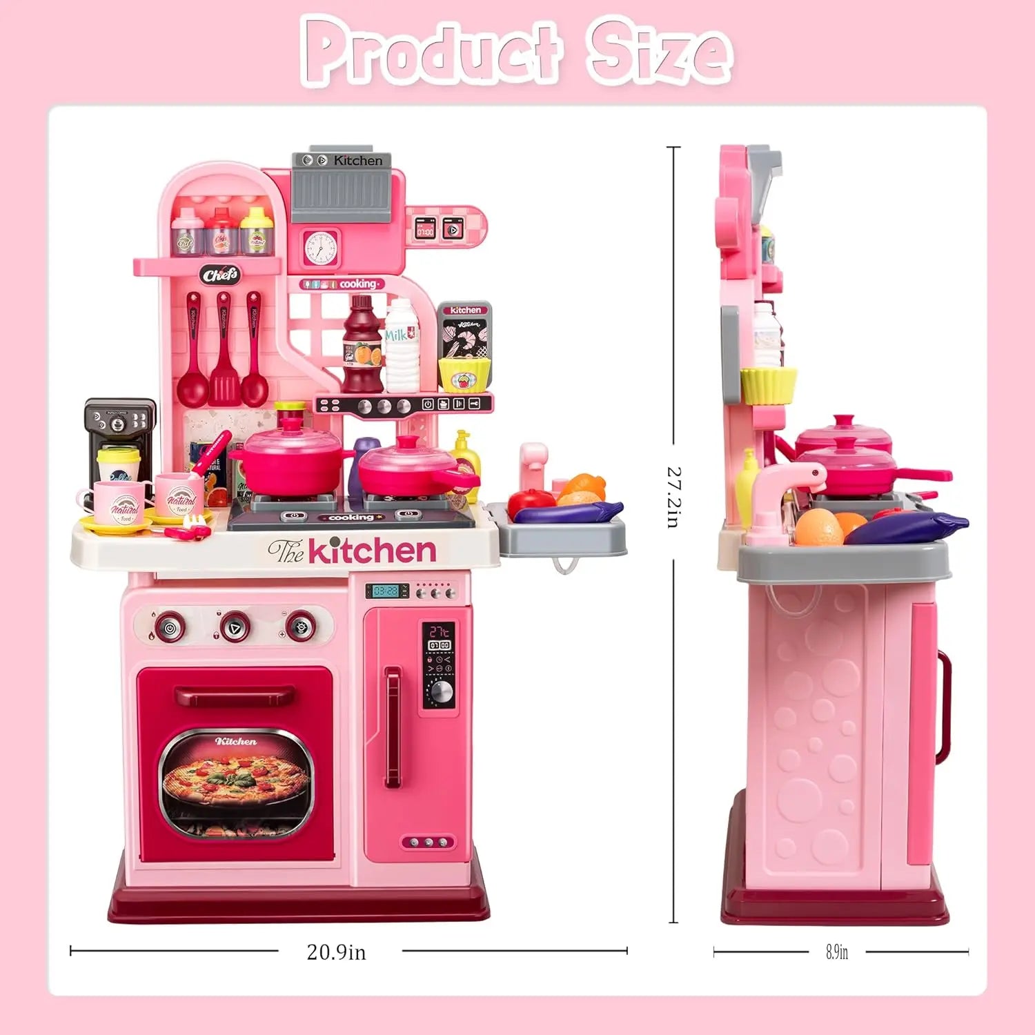 Simulated Kitchen Playset with Lights Sound Spray Steam, Kids Pretend Cooking Toy, Tableware Sink Set, Gift for Boys Girls