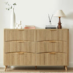 6 Drawer Dresser, 55" Wide Light Wood Curved Dresser,for Bedroom, Mid Century Modern Chest of Drawers