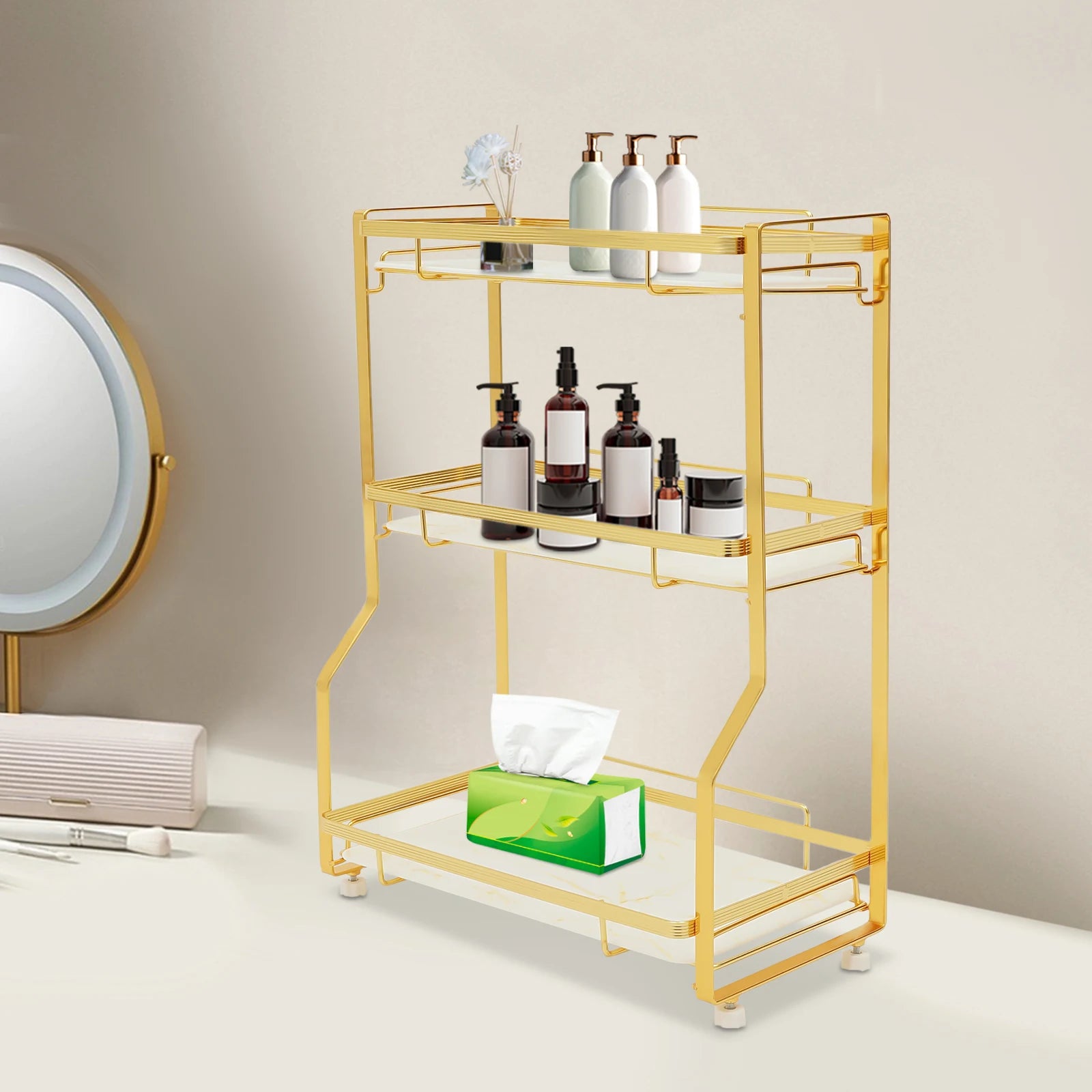 3 Tier Bathroom Countertop Organizer, Gold Bathroom Vanity Counter Organizer with Small Storage Basket for Skincare Makeup