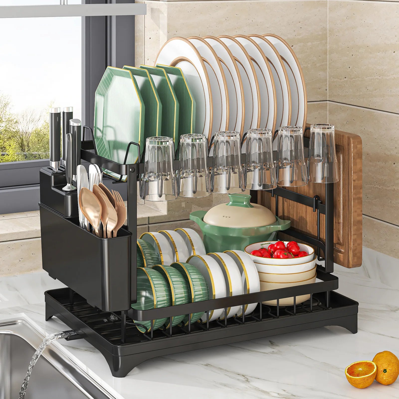 Self-drainage kitchen storage shelf for dishes and bowls, multifunctional foldable bowl and chopsticks storage, countertop drain