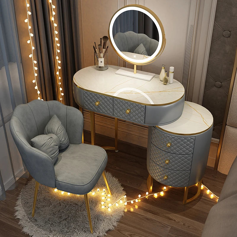 Nordic vanity chair white bedroom LED light Dresser storage cabinet makeup Dressing table light mirror stool bedroom furniture