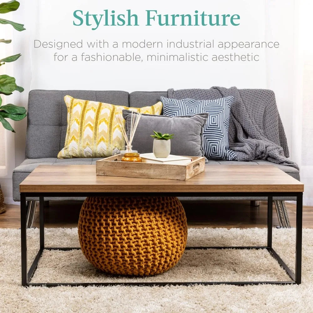 44in Modern Industrial Style Rectangular Wood Grain Top Coffee Table, for Living Room w/Metal Frame