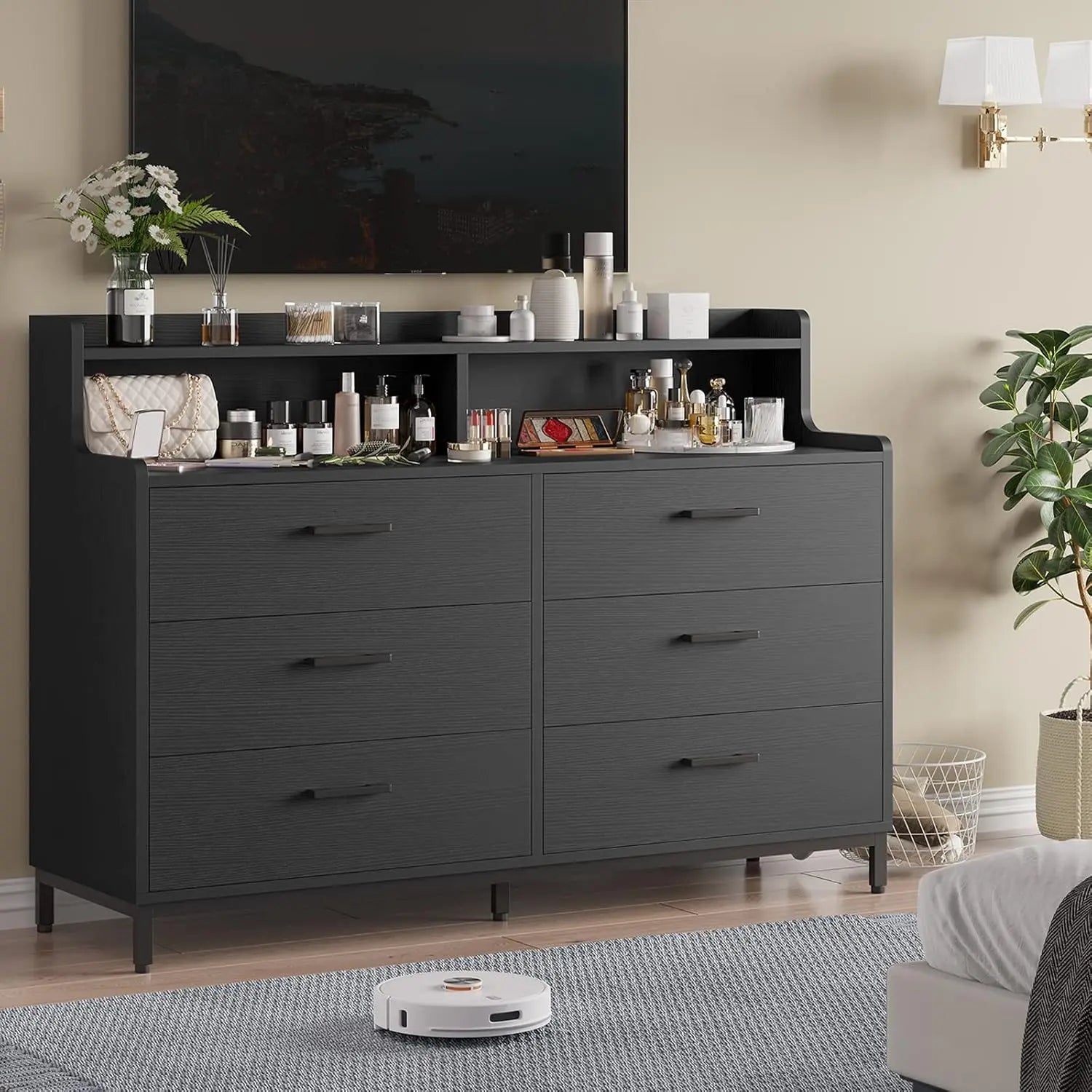 White Dresser for Bedroom with 6 Drawers and Storage Shelves, Wide Chest of Drawers with Sturdy Steel Legs, Large Wooden Storage