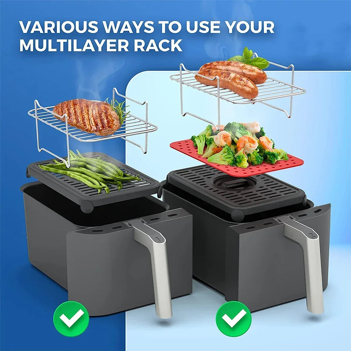 Air Fryer Rack, Dual Airfryer Racks Grilling Rack with 4 Skewers for Ninja Food Dual Zone Air Fryer AF300UK AF400UK Accessories