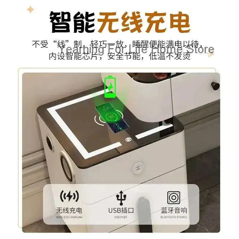 Luxury Glass Dressing Table with Smart Wireless Charging Bedroom Vanity Nightstand Makeup Table Drawers with Led Mirror Dresser