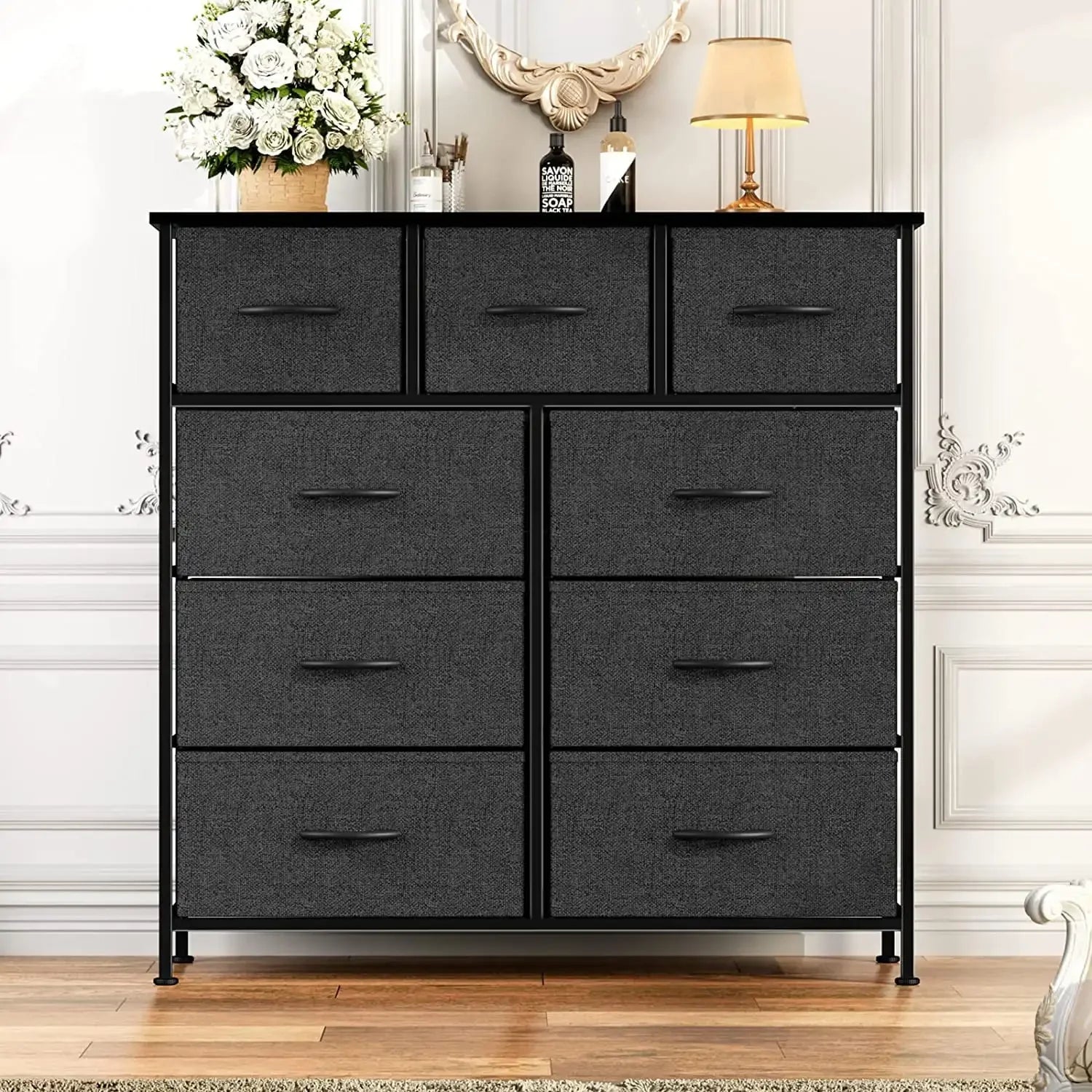 9 Drawer Fabric Dresser for Bedroom, Chest of Drawer Organizer Storage Cabinet for Closet, Entryway, Black