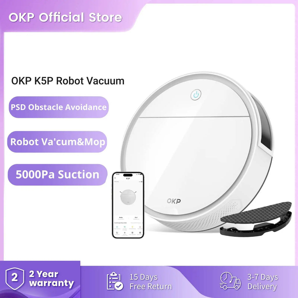 OKP K5P Robot Vacuum Cleaner, 5000Pa, 180 Minutes, WiFi/App, Self-Charging, Perfect for Hard Floors, Animal Hair, Carpets