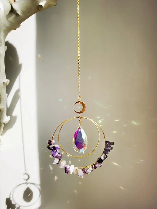 Purple Crystal Moon Sun Catcher Decor Pendant Wall Hanging Window Crystal Suncatcher Home Decoration Mother Day Girl Gift Crafts