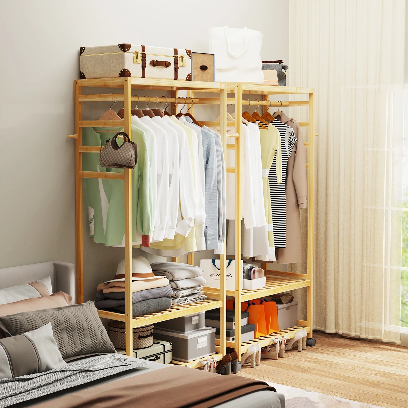 Heavy Duty Wooden Clothes Rail Rack Scarf Cap Garment Hanging Stand Side Hooks Corner Open Wardrobe