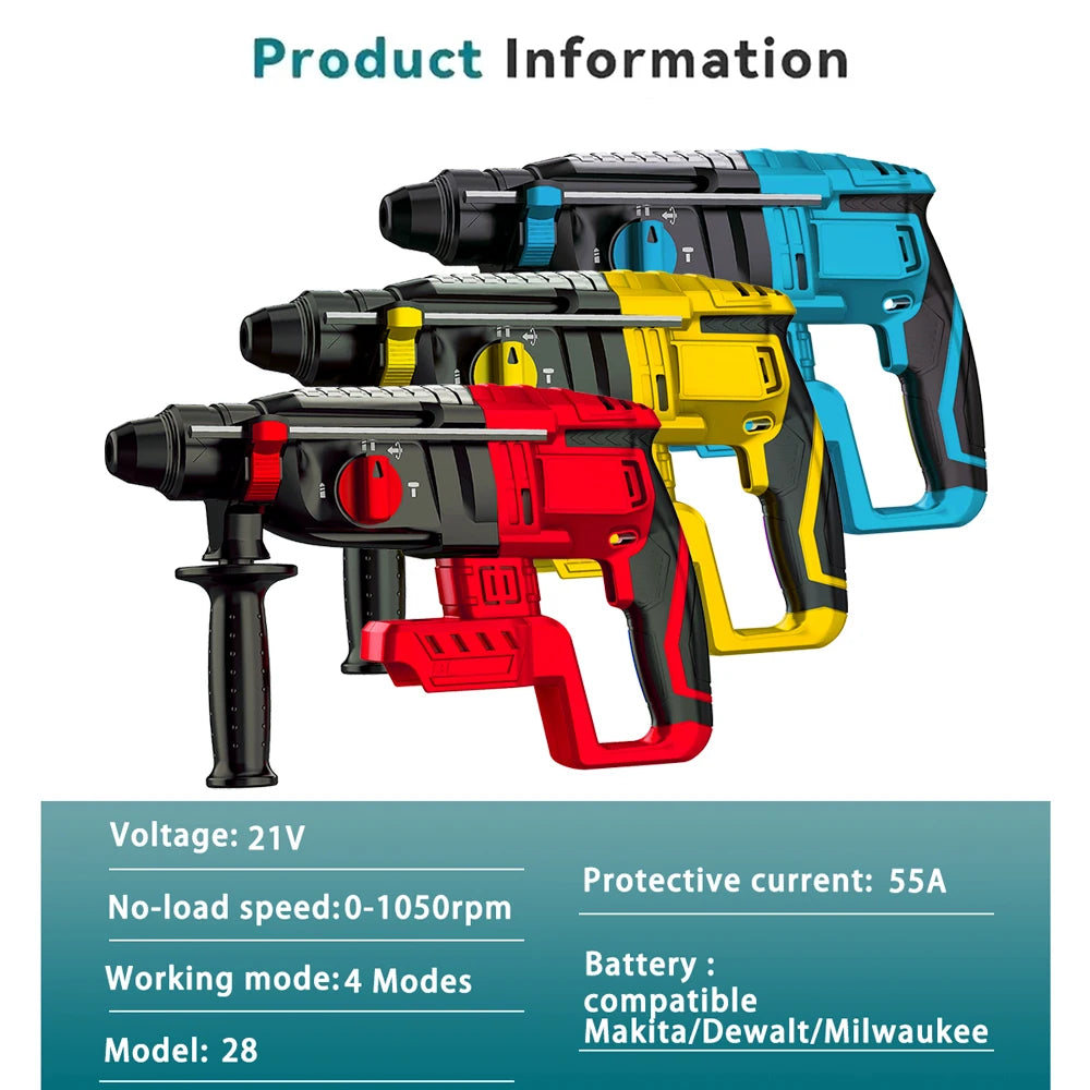 28MM Brushless Electric Hammer Drill Rotary Cordless Rechargeable Power Tools Compatible with Makita Dewalt Milw