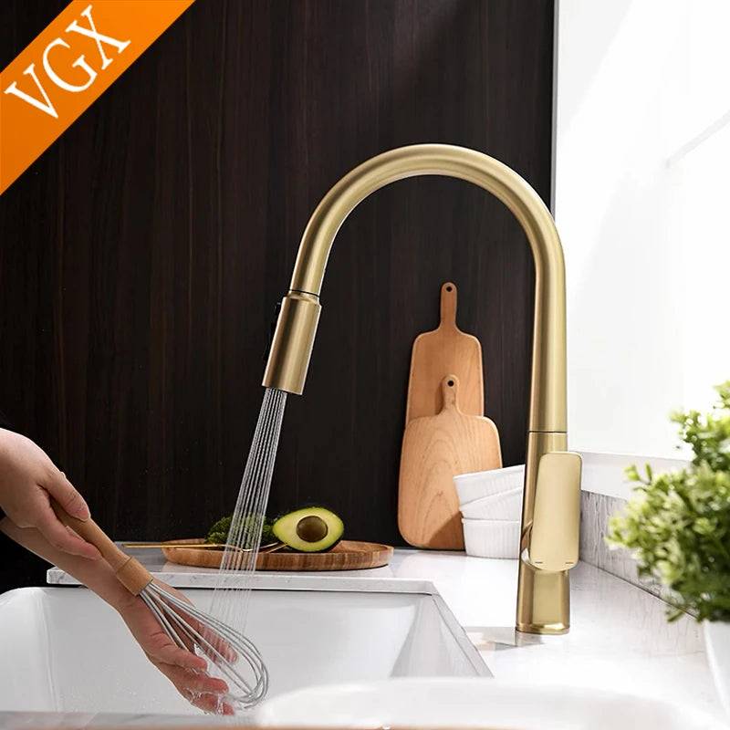 VGX Filter Water Kitchen Faucet Dual Spout Pure Drinking Water Tap Pull Out Kitchen Sink Mixer Faucet Gourmet Brass Crane Gold