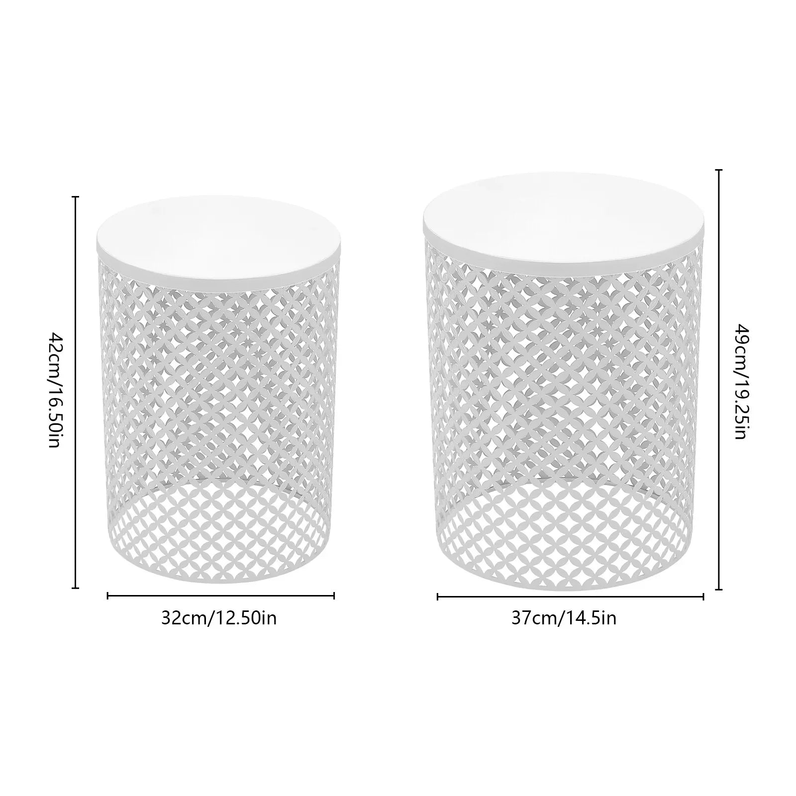 2PCS White Iron Side Table Modern Frame Accent Table Cylindrical Openwork Pattern Metal End Table