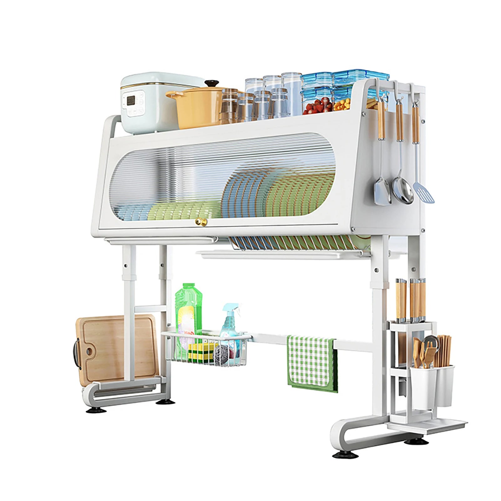 Sink storage rack with cabinet door flip cover, kitchen dish drain rack, storage rack, adjustable dustproof bowl tray