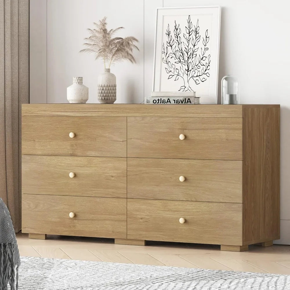 Dresser for Bedroom 6 Drawer Wood Dresser 58.3" Wide, Large Chest of Drawers for Bedroom, Living Room, Hallway, Entryway, Modern