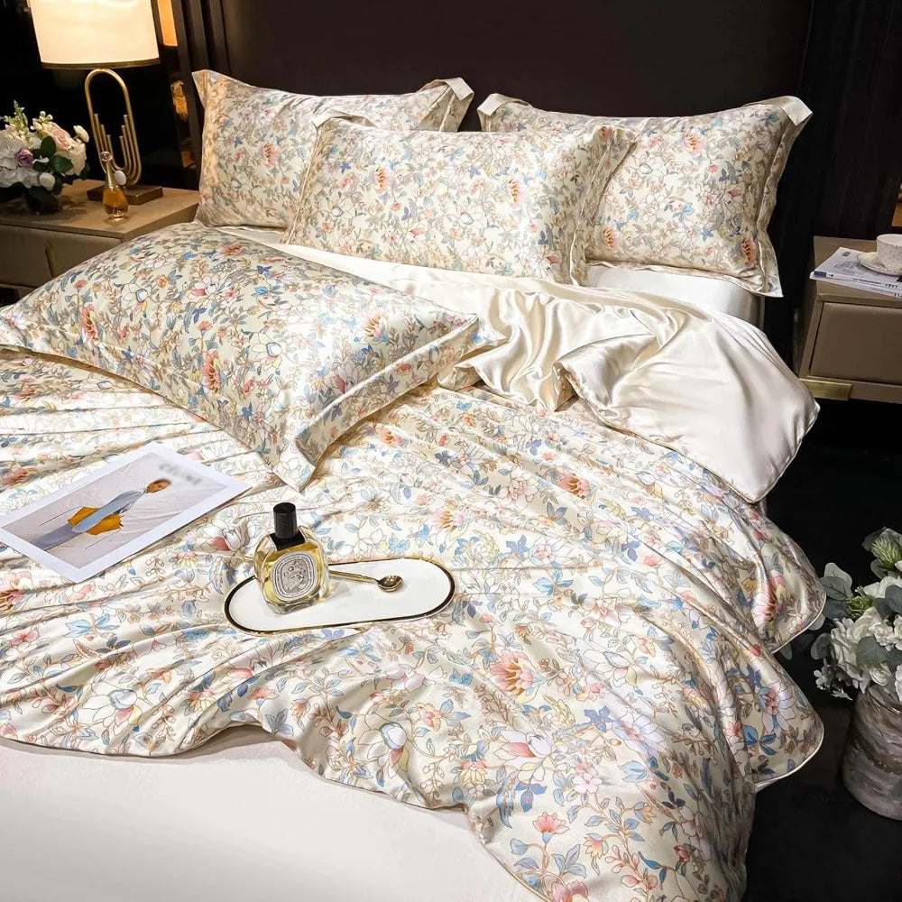 Floral Duvet Cover King Size, with Flat Sheet, 4 Pieces Satin Soft Bedding, 1 Breathable Duvet Cover 104x90 Inches, Bedding Set