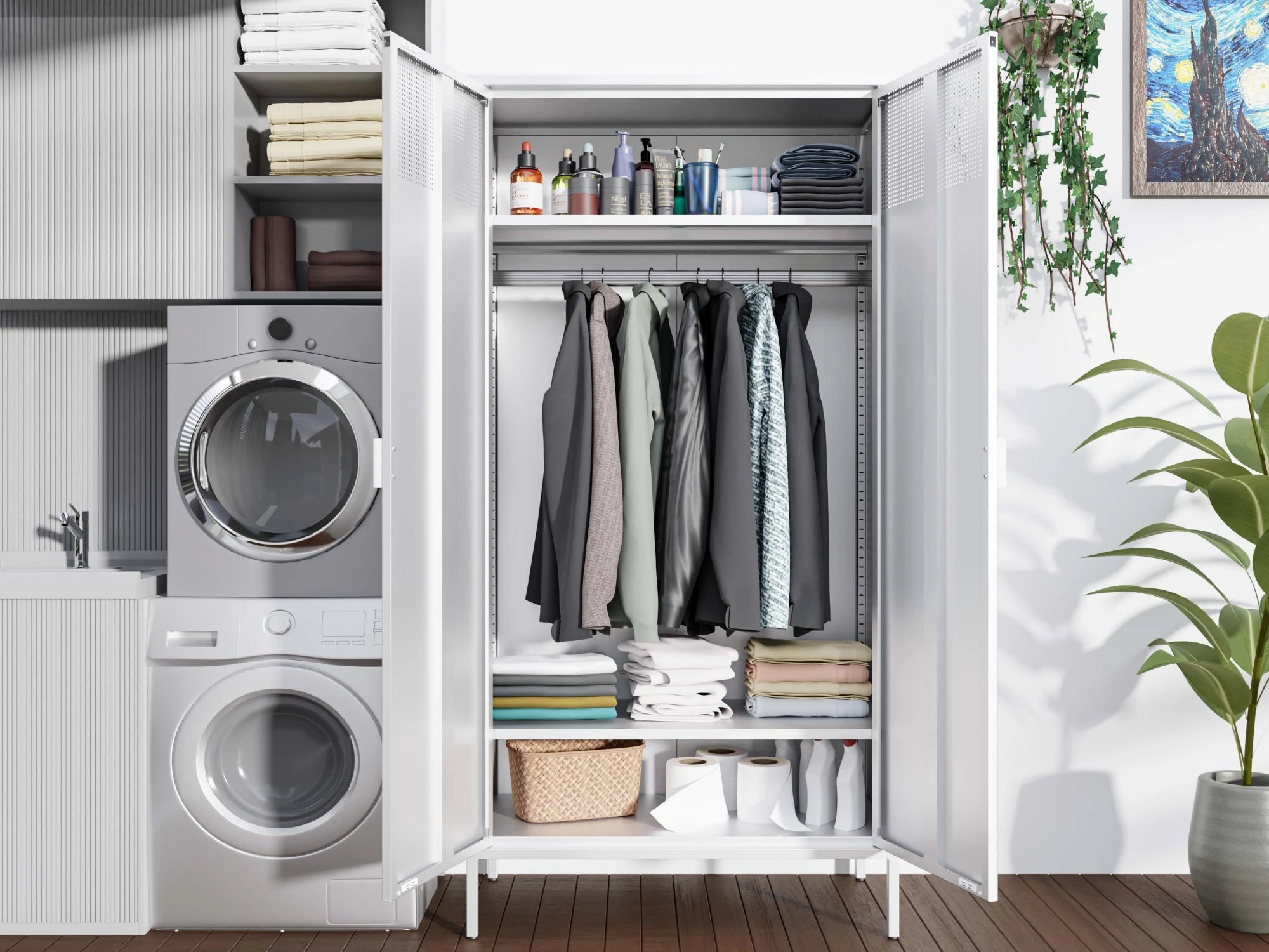 71 Inches White Metal Wardrobe Cabinet with Hanging Rod, Metal Armoire Wardrobe Closet with Doors for Bedroom, Office.