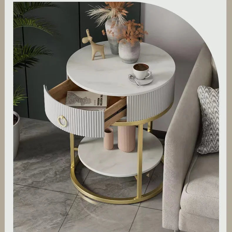 Modern Minimalist Round Slate Drawer Table: High-End Appeal, Perfect as Side Table or Bedside Cabinet