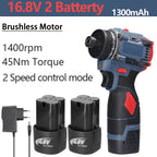 16.8V 2 in 1 Electric Screwdriver Lithium Battery Drill Handheld Power Tool 45Nm Torque Brushless Motor Cordless Screw Driver