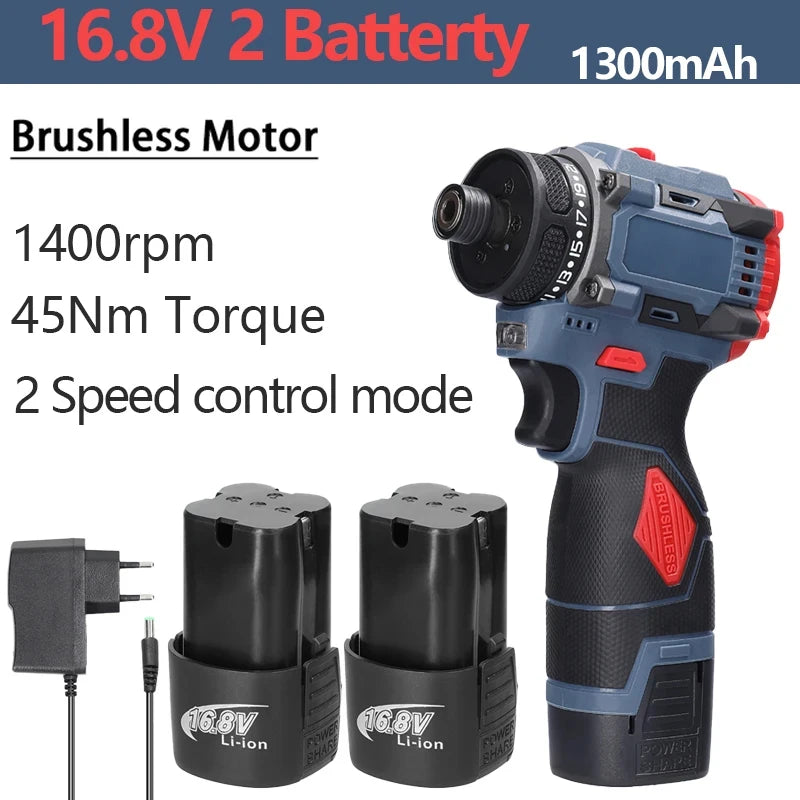 16.8V 2 in 1 Electric Screwdriver Lithium Battery Drill Handheld Power Tool 45Nm Torque Brushless Motor Cordless Screw Driver