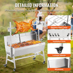 VEVOR 35inch Rotisserie Grill Electric Motor Charcoal Spit Grill Stainless Steel Roaster w/Lockable Wheels for Camping Outdoor