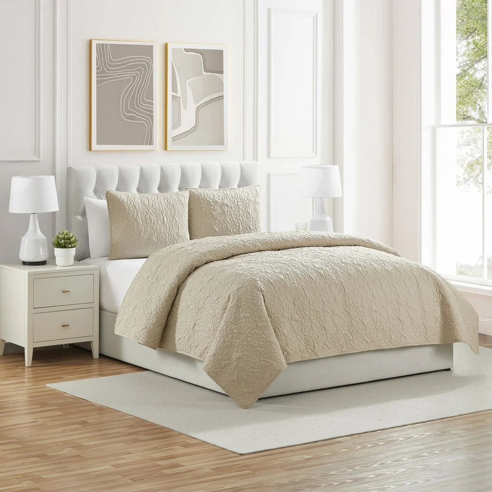 Coastal 3-Piece King Quilt Set Soft Lightweight Seashell Pattern Pinsonic Textured Hypoallergenic Microfiber Bedding Shams