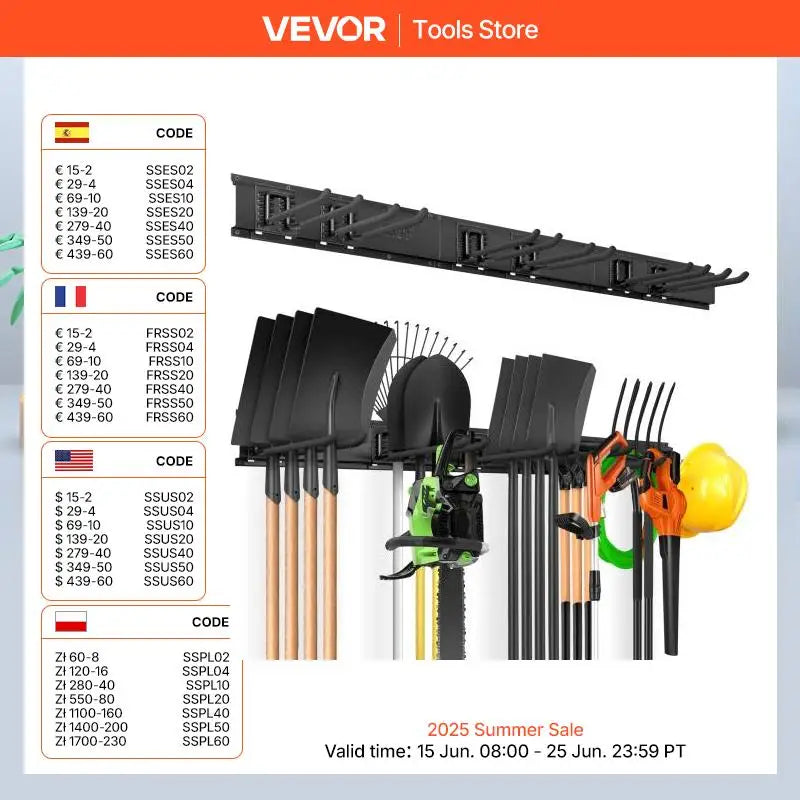 SucceBuy Garage Tool Organizer Wall Mount Yard Garden Heavy Duty Storage Rack W/ Adjustable Hook Rails for Shovels Trimmers Hose