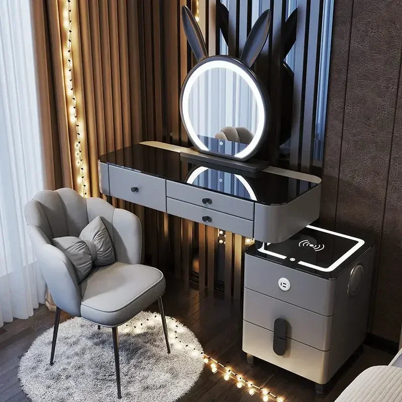Modern Dressing Table with Smart Wireless Charging Luxury Bedroom Multifunctional Makeup Table with Chair Sound Cloud Led Mirror