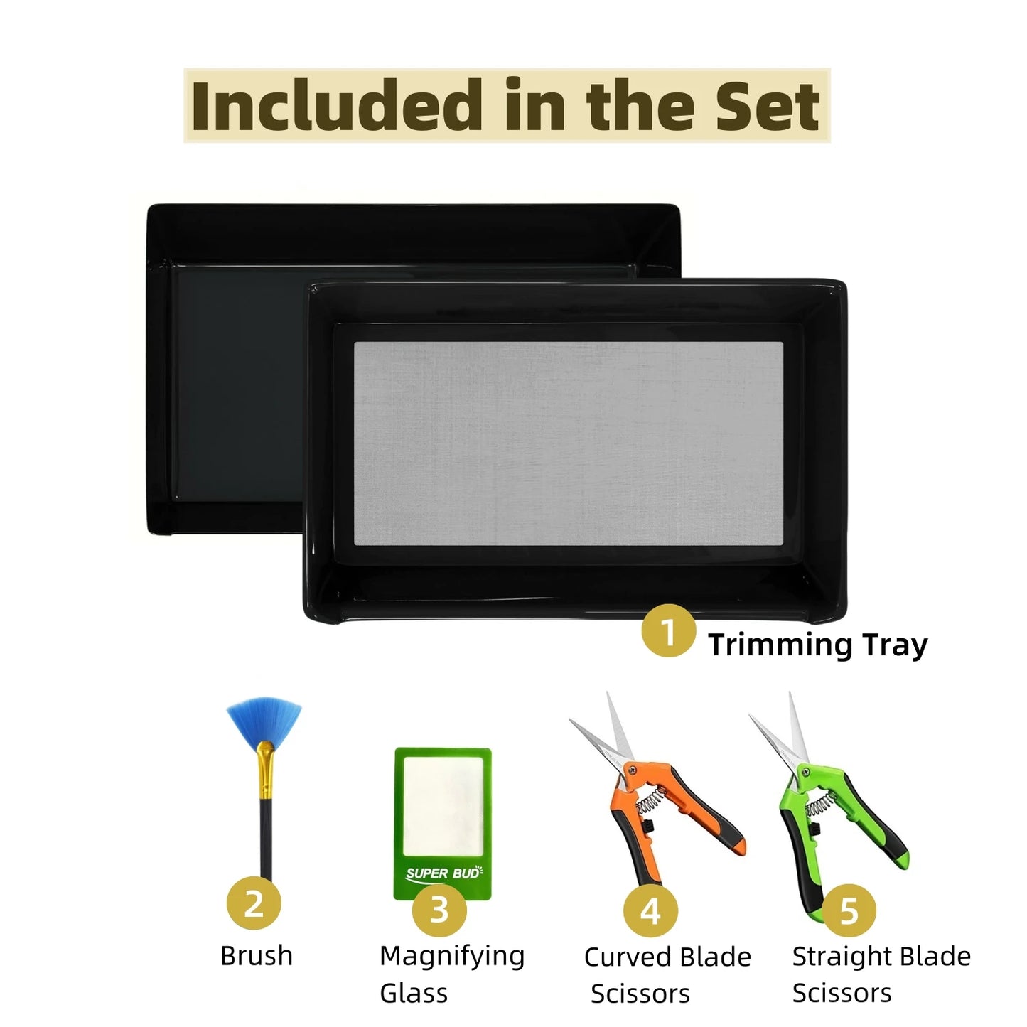 2-in-1 Trimming Tray Harvest Trim Bin Set for Buds Herb Flower Trimming Scissors 150 Micron Fine Mesh Dry Sift Pollen Screen